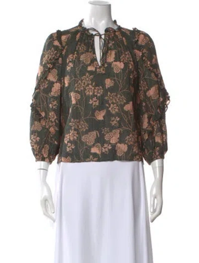 Pre-owned Ulla Johnson Floral Print Tie Neck Blouse In Green