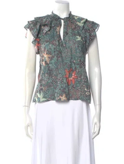 Pre-owned Ulla Johnson Floral Print Tie Neck Blouse In Green