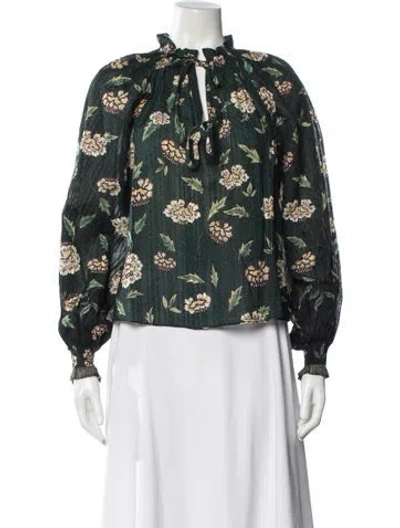 Pre-owned Ulla Johnson Floral Print Tie Neck Blouse In Green