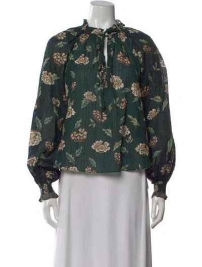 Pre-owned Ulla Johnson Floral Print Tie Neck Blouse In Green