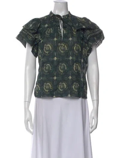 Pre-owned Ulla Johnson Floral Print Tie Neck Blouse In Green