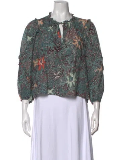 Pre-owned Ulla Johnson Floral Print Tie Neck Blouse In Green