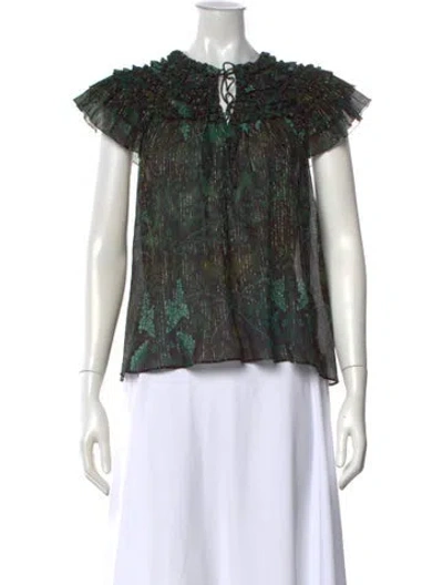 Pre-owned Ulla Johnson Floral Print Tie Neck Blouse In Green