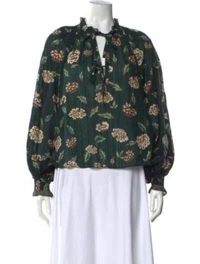 Pre-owned Ulla Johnson Floral Print Tie Neck Blouse In Green