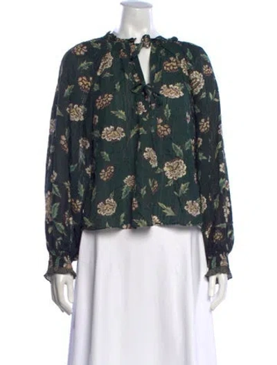Pre-owned Ulla Johnson Floral Print Tie Neck Blouse In Green