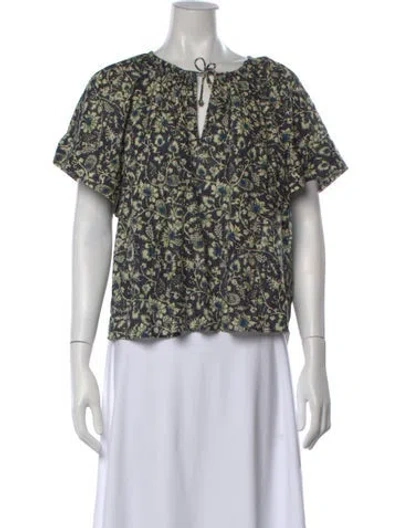 Pre-owned Ulla Johnson Floral Print Tie Neck Blouse In Green