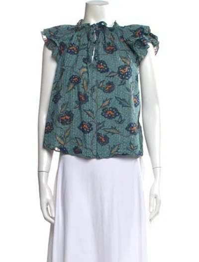 Pre-owned Ulla Johnson Floral Print Tie Neck Blouse In Green