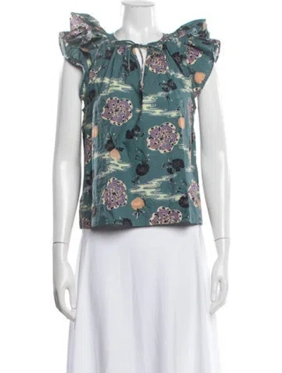 Pre-owned Ulla Johnson Floral Print Tie Neck Blouse In Green