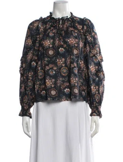 Pre-owned Ulla Johnson Floral Print Tie Neck Blouse In Green