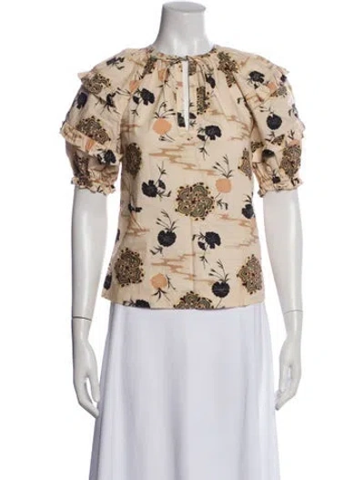 Pre-owned Ulla Johnson Floral Print Tie Neck Blouse In Neutral