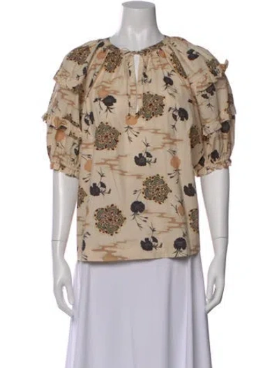 Pre-owned Ulla Johnson Floral Print Tie Neck Blouse In Neutral