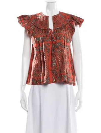 Pre-owned Ulla Johnson Floral Print Tie Neck Blouse In Orange