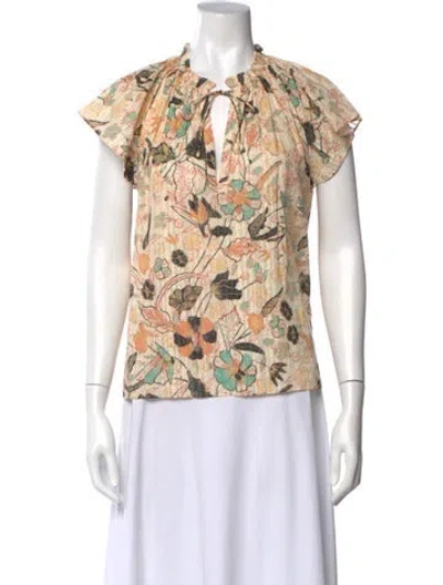 Pre-owned Ulla Johnson Floral Print Tie Neck Blouse In Orange