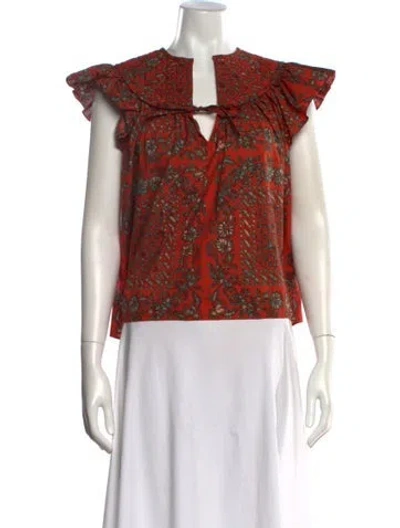 Pre-owned Ulla Johnson Floral Print Tie Neck Blouse In Orange
