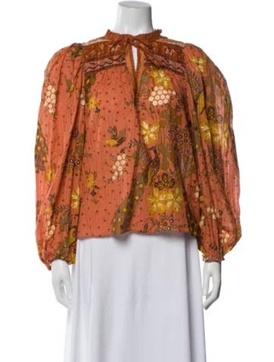 Pre-owned Ulla Johnson Floral Print Tie Neck Blouse In Orange