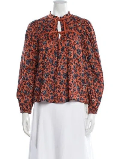 Pre-owned Ulla Johnson Floral Print Tie Neck Blouse In Orange
