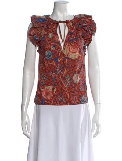 Pre-owned Ulla Johnson Floral Print Tie Neck Blouse In Orange
