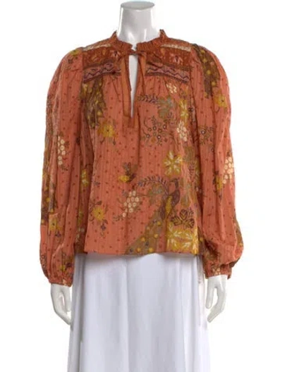 Pre-owned Ulla Johnson Floral Print Tie Neck Blouse In Orange