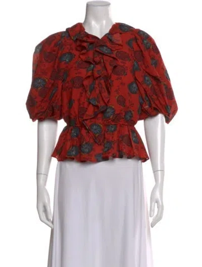 Pre-owned Ulla Johnson Floral Print Tie Neck Blouse In Orange