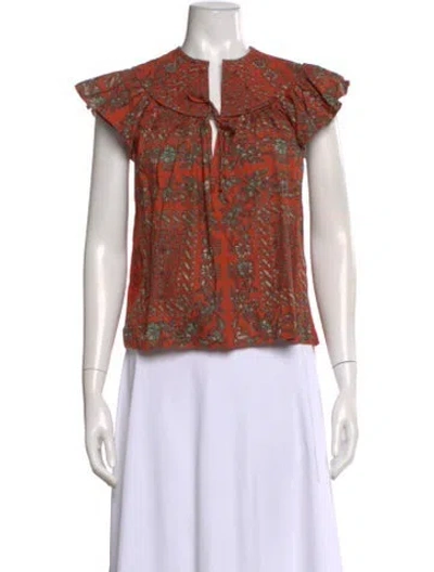 Pre-owned Ulla Johnson Floral Print Tie Neck Blouse In Orange
