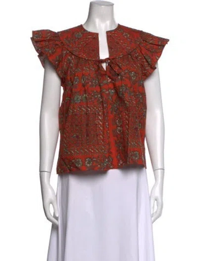 Pre-owned Ulla Johnson Floral Print Tie Neck Blouse In Orange
