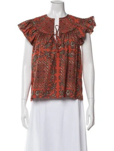 Pre-owned Ulla Johnson Floral Print Tie Neck Blouse In Orange
