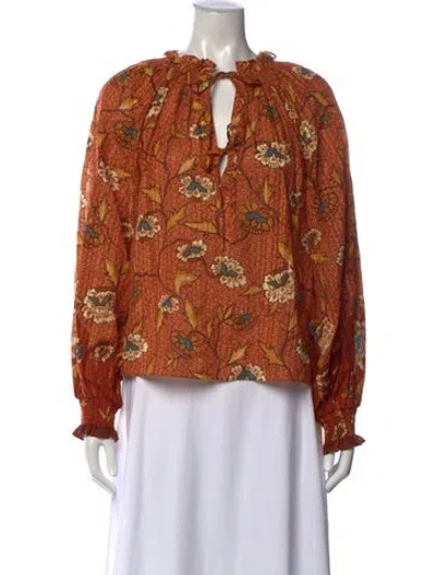 Pre-owned Ulla Johnson Floral Print Tie Neck Blouse In Orange
