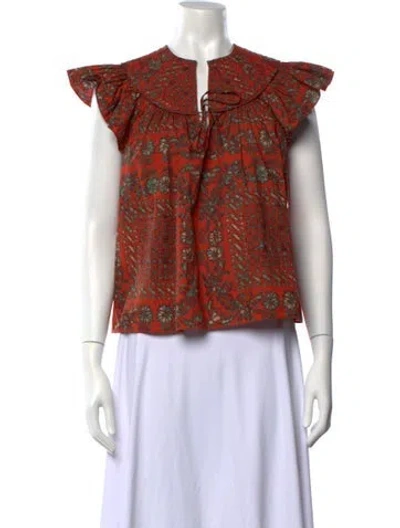 Pre-owned Ulla Johnson Floral Print Tie Neck Blouse In Orange