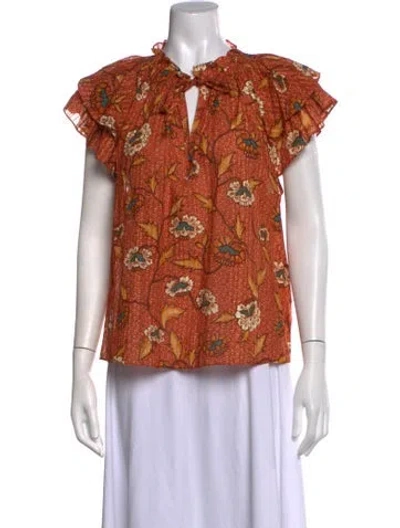Pre-owned Ulla Johnson Floral Print Tie Neck Blouse In Orange