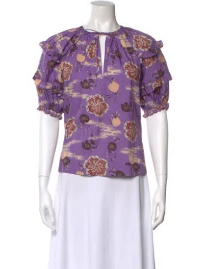 Pre-owned Ulla Johnson Floral Print Tie Neck Blouse In Purple