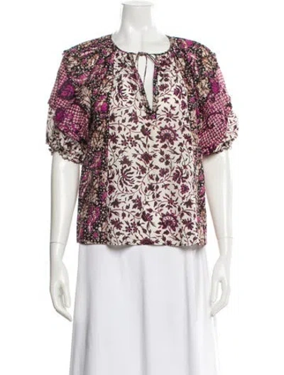 Pre-owned Ulla Johnson Floral Print Tie Neck Blouse In Purple