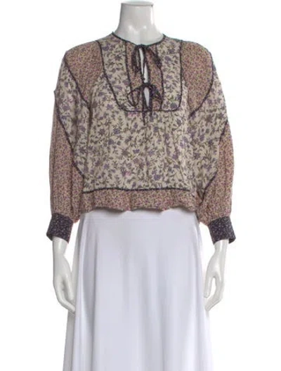 Pre-owned Ulla Johnson Floral Print Tie Neck Blouse In Purple