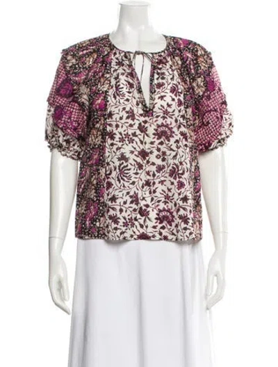 Pre-owned Ulla Johnson Floral Print Tie Neck Blouse In Purple