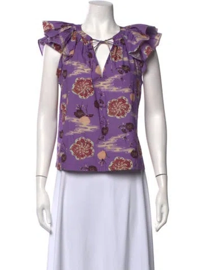 Pre-owned Ulla Johnson Floral Print Tie Neck Blouse In Purple