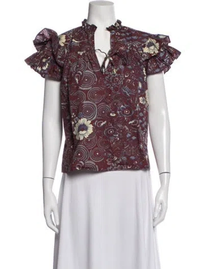 Pre-owned Ulla Johnson Floral Print Tie Neck Blouse In Purple