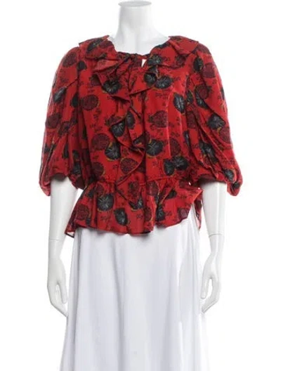Pre-owned Ulla Johnson Floral Print Tie Neck Blouse In Red