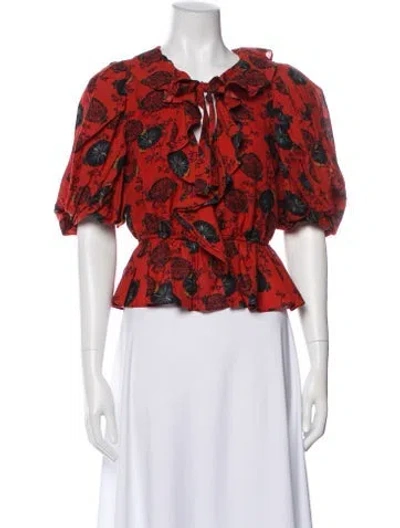 Pre-owned Ulla Johnson Floral Print Tie Neck Blouse In Red