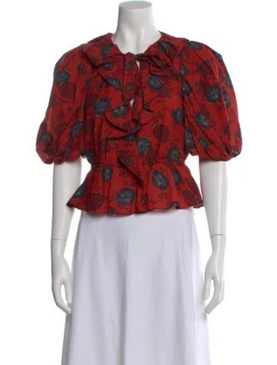 Pre-owned Ulla Johnson Floral Print Tie Neck Blouse In Red
