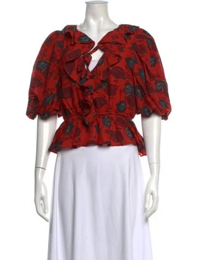 Pre-owned Ulla Johnson Floral Print Tie Neck Blouse In Red