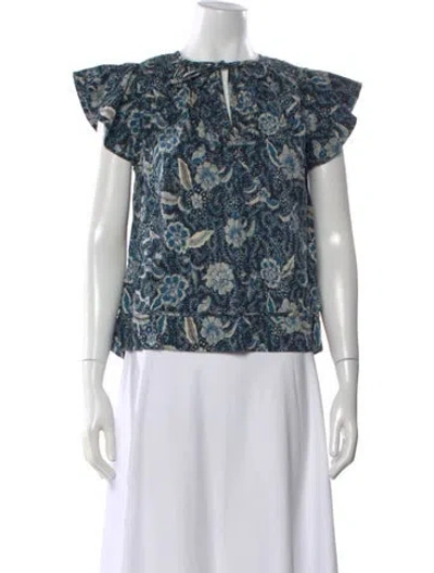 Pre-owned Ulla Johnson Floral Print Tie Neck Blouse W/ Tags In Blue