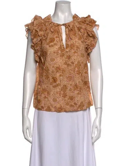 Pre-owned Ulla Johnson Floral Print Tie Neck Blouse W/ Tags In Brown