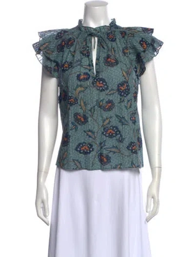 Pre-owned Ulla Johnson Floral Print Tie Neck Blouse W/ Tags In Green