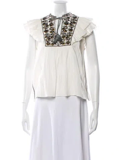 Pre-owned Ulla Johnson Floral Print Tie Neck Blouse In White
