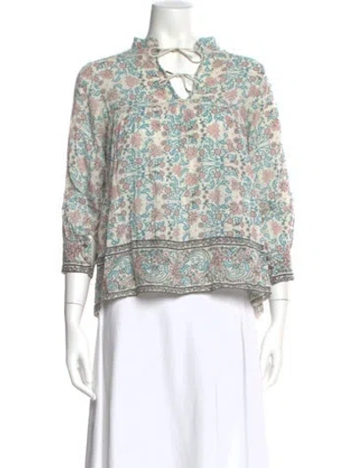 Pre-owned Ulla Johnson Floral Print Tie Neck Blouse In White