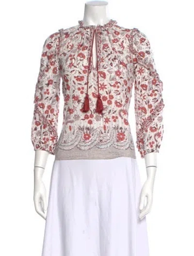 Pre-owned Ulla Johnson Floral Print Tie Neck Blouse In White