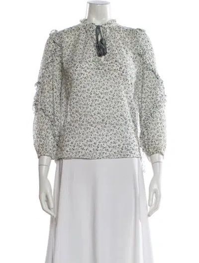 Pre-owned Ulla Johnson Floral Print Tie Neck Blouse In White