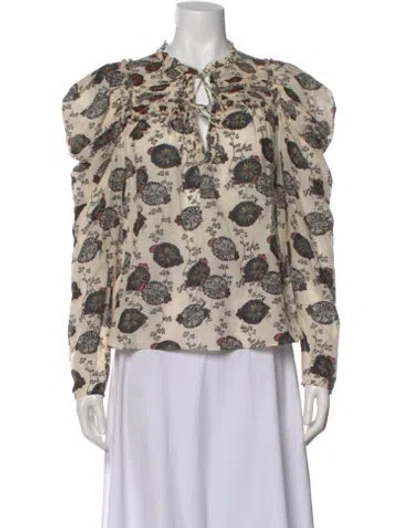 Pre-owned Ulla Johnson Floral Print Tie Neck Blouse In White