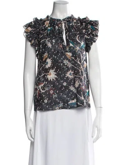 Pre-owned Ulla Johnson Floral Print Tie Neck Blouse In White
