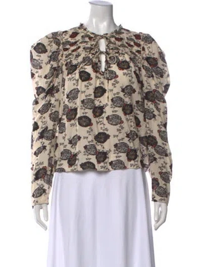 Pre-owned Ulla Johnson Floral Print Tie Neck Blouse In White