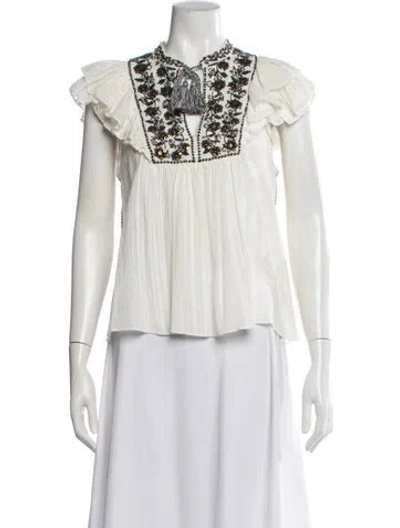 Pre-owned Ulla Johnson Floral Print Tie Neck Blouse In White